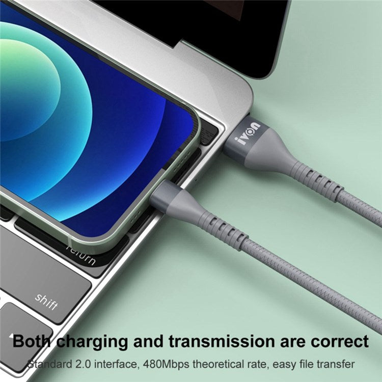 IVON CA92 1.5m USB to Micro USB Data Cord 2.4A Flexible Rubber Cable - Grey