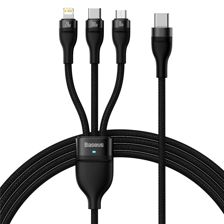 BASEUS Flash Series II One-for-Three Fast Charging Cable Type-C to Micro+iP+Type-C 100W Wire, 1.5m - Black