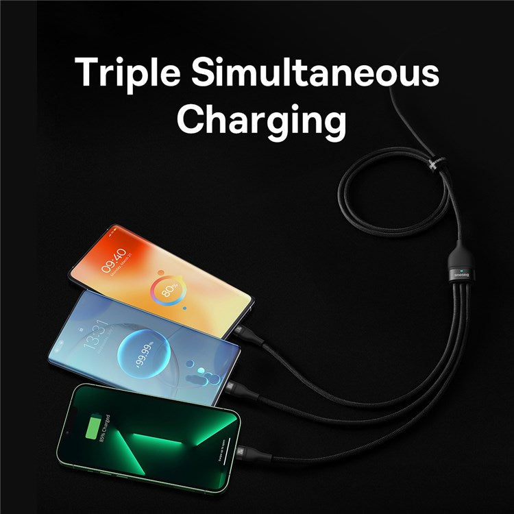 BASEUS Flash Series II One-for-Three Fast Charging Cable Type-C to Micro+iP+Type-C 100W Wire, 1.5m - Black