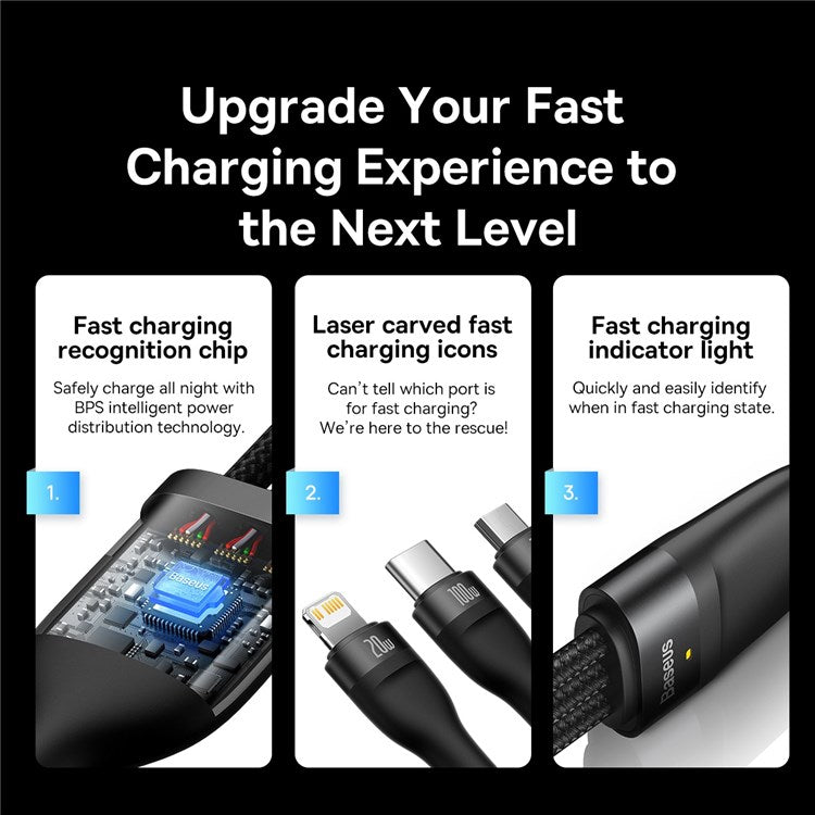 BASEUS Flash Series II One-for-Three Fast Charging Cable Type-C to Micro+iP+Type-C 100W Wire, 1.5m - Black