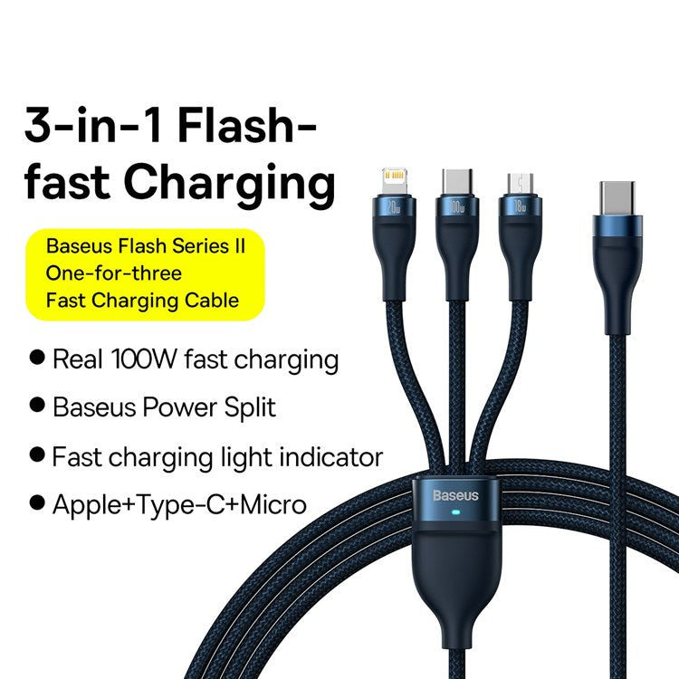 BASEUS Flash Series II One-for-Three Fast Charging Cable Type-C to Micro+iP+Type-C 100W Wire, 1.5m - Blue