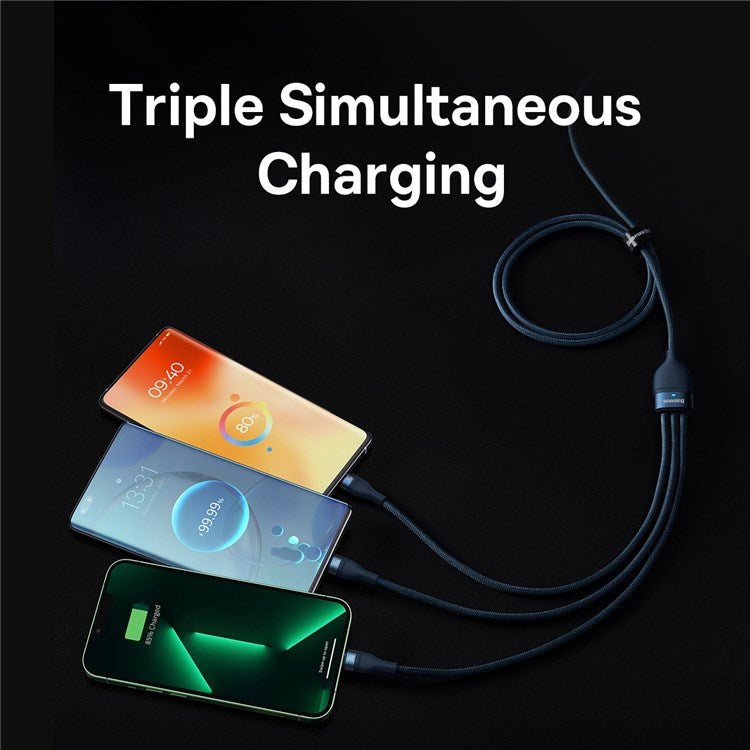 BASEUS Flash Series II One-for-Three Fast Charging Cable Type-C to Micro+iP+Type-C 100W Wire, 1.5m - Blue