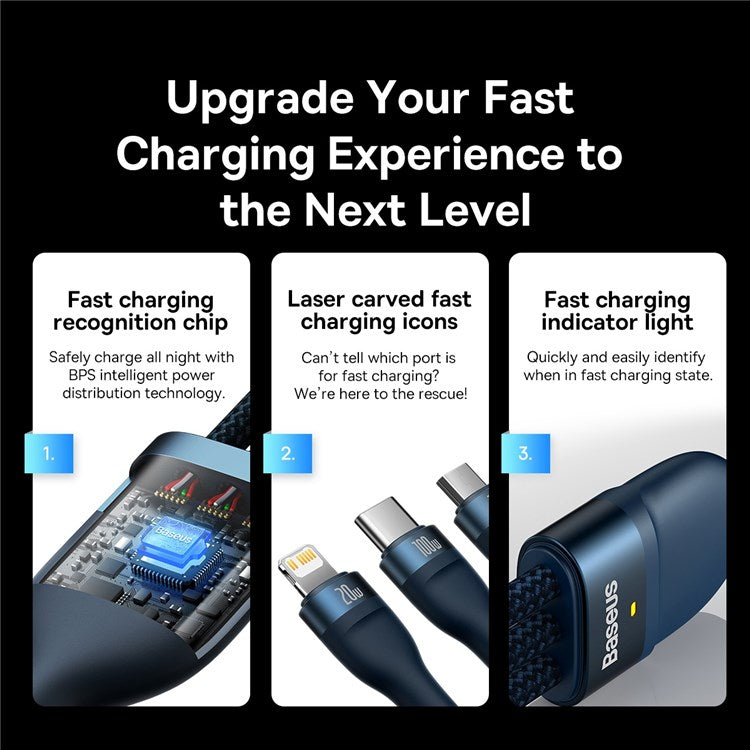 BASEUS Flash Series II One-for-Three Fast Charging Cable Type-C to Micro+iP+Type-C 100W Wire, 1.5m - Blue