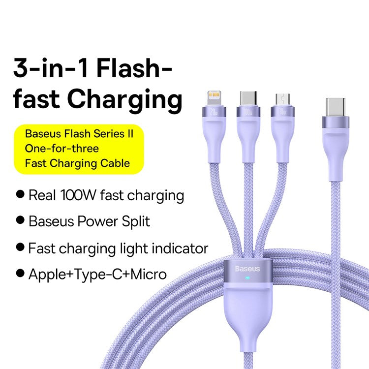 BASEUS Flash Series II One-for-Three Fast Charging Cable Type-C to Micro+iP+Type-C 100W Wire, 1.5m - Purple
