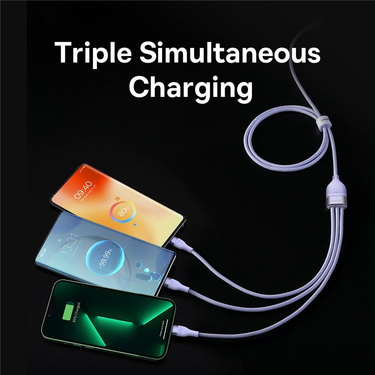 BASEUS Flash Series II One-for-Three Fast Charging Cable Type-C to Micro+iP+Type-C 100W Wire, 1.5m - Purple
