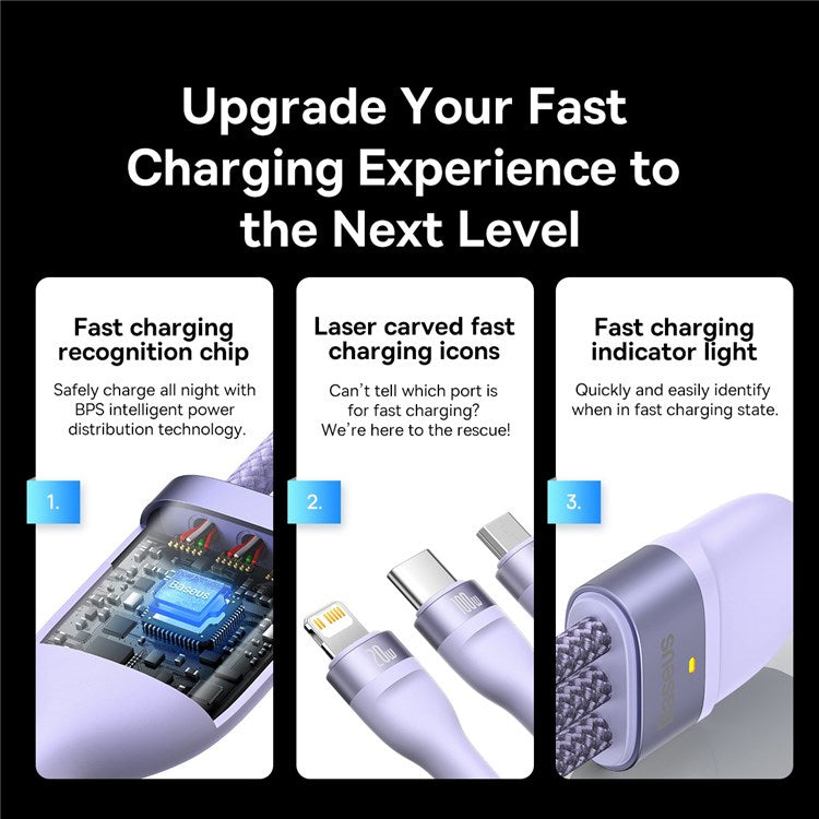 BASEUS Flash Series II One-for-Three Fast Charging Cable Type-C to Micro+iP+Type-C 100W Wire, 1.5m - Purple