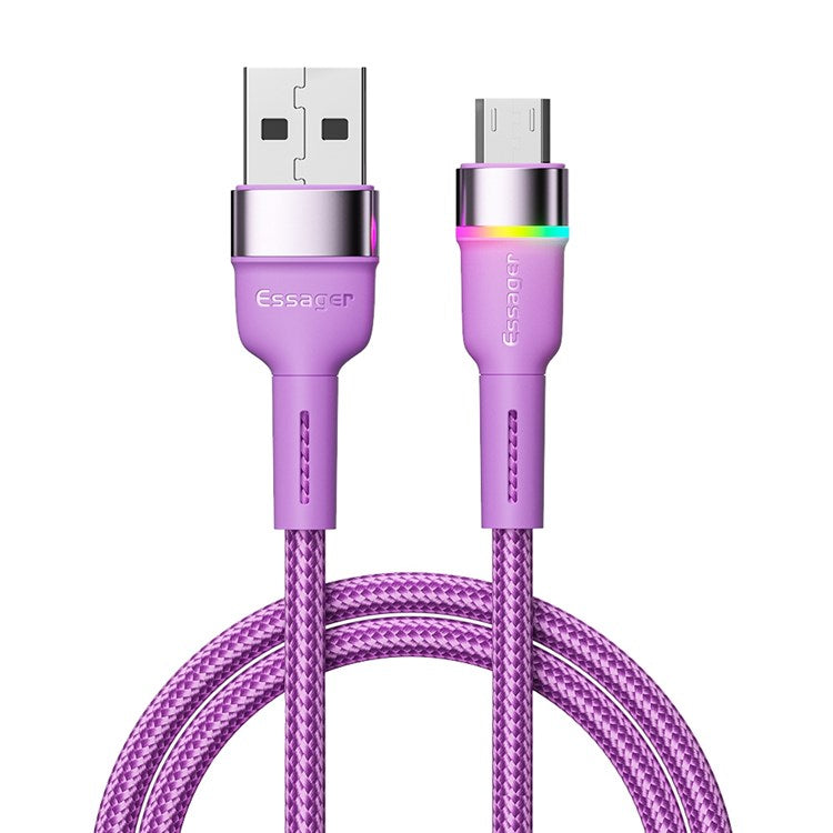 ESSAGER 2m 2.4A Fast Charging Cable USB-A to Micro USB LED Lighting Cable 480Mbps Data Transmission Cord - Purple
