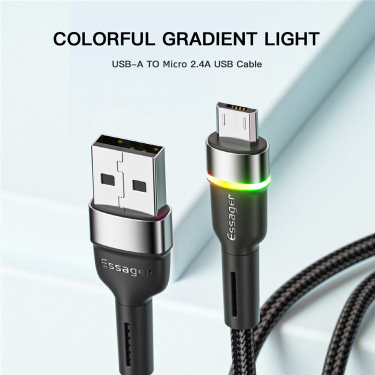 ESSAGER 2m 2.4A Fast Charging Cable USB-A to Micro USB LED Lighting Cable 480Mbps Data Transmission Cord - Purple