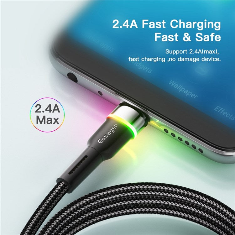 ESSAGER 2m 2.4A Fast Charging Cable USB-A to Micro USB LED Lighting Cable 480Mbps Data Transmission Cord - Purple