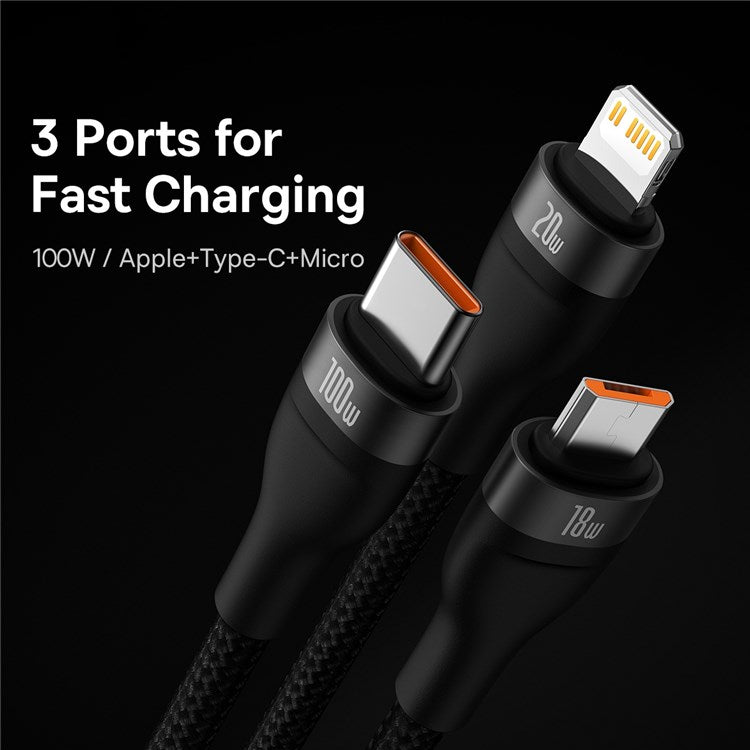 BASEUS Flash Series for iPhone 15 Series II Two-for-Three Charging Cable USB+Type-C to Micro+7 Pin+Type-C 100W Wire 1.2m - Black