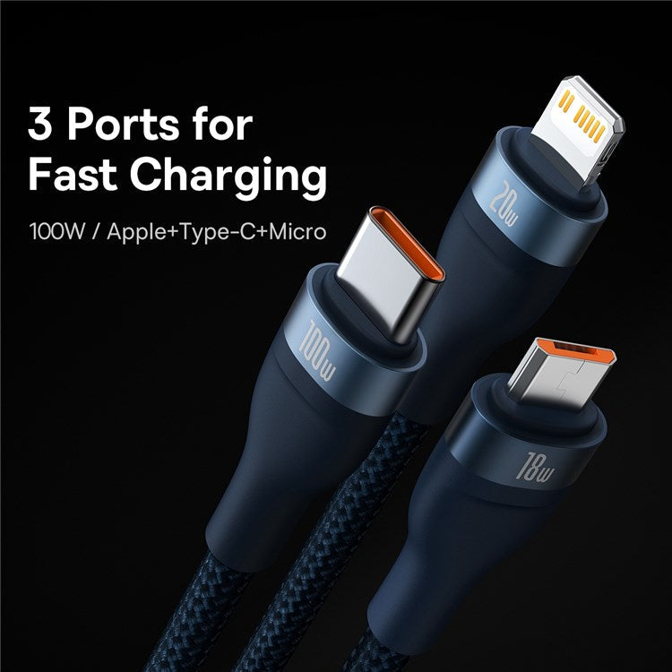 BASEUS Flash Series for iPhone 15 Series II Two-for-Three Charging Cable USB+Type-C to Micro+7 Pin+Type-C 100W Wire 1.2m - Blue