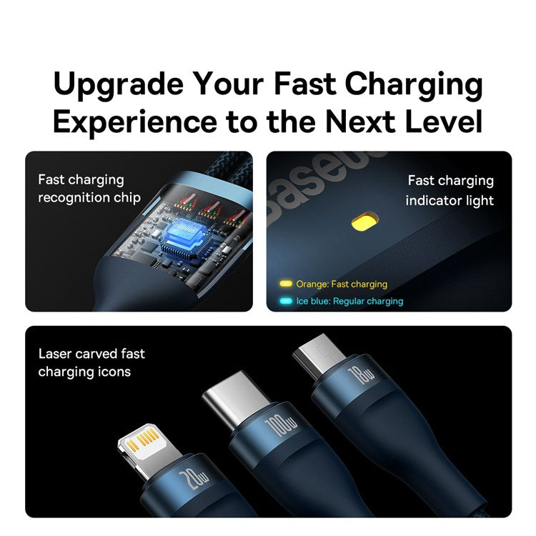 BASEUS Flash Series for iPhone 15 Series II Two-for-Three Charging Cable USB+Type-C to Micro+7 Pin+Type-C 100W Wire 1.2m - Blue