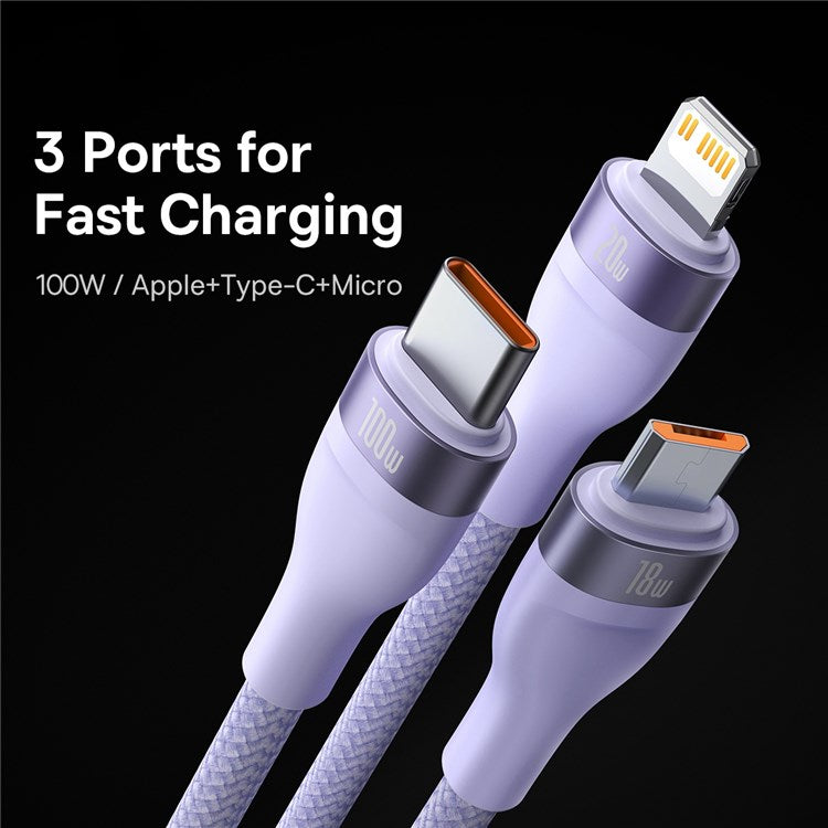 BASEUS Flash Series for iPhone 15 Series II Two-for-Three Charging Cable USB+Type-C to Micro+7 Pin+Type-C 100W Wire 1.2m - Purple
