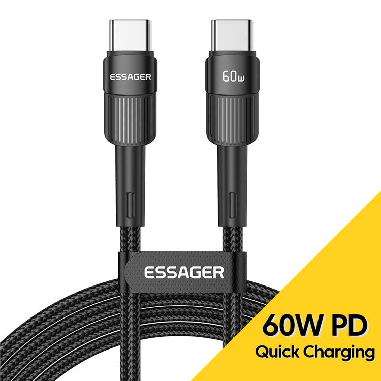 ESSAGER 1m USB C to C Cable 60W PD Fast Charging 480Mbps Fast Data Transmission Cord - Black