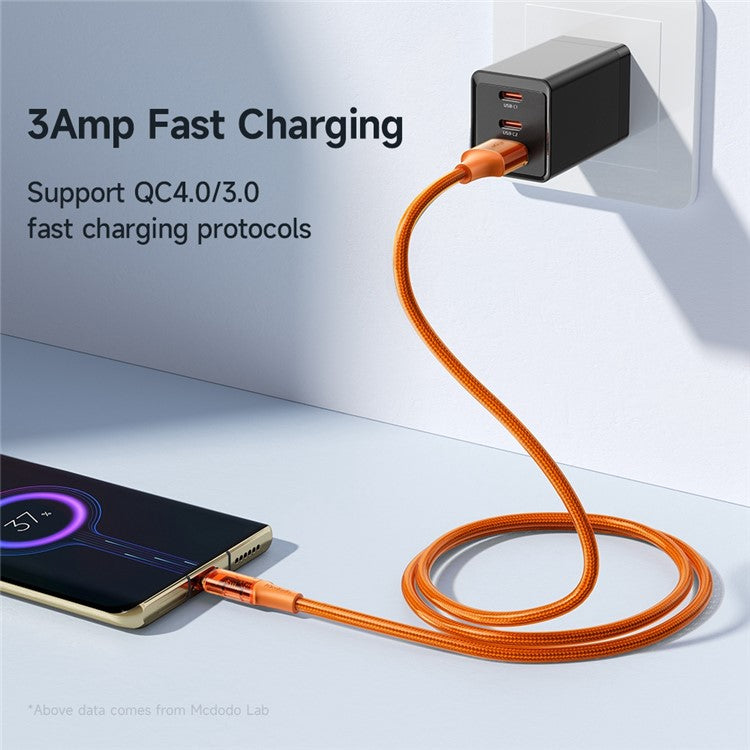 MCDODO CA-210 MDD Amber Series 1.8m 3A Micro USB Transparent Design Data Cable Android Phone Charging Cord - Orange