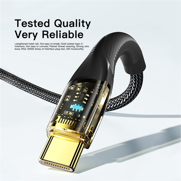 ESSAGER 1m 100W Transparent Data Cable USB to Type-C 7A Fast Charging Braided Cable - Black