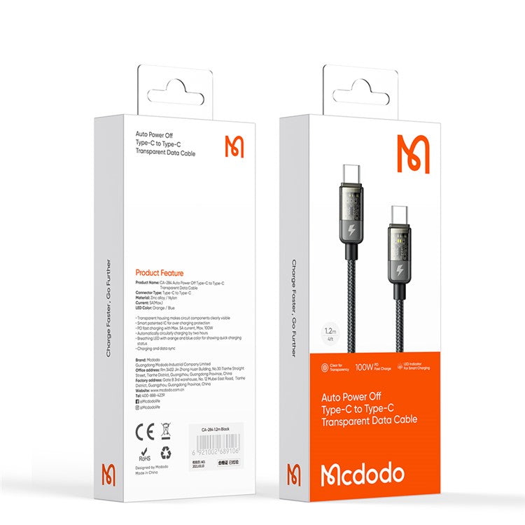 MCDODO CA-2840 for iPhone 15 Series 1.2m PD 100W Fast Charging Type-C to Type-C Auto Power Off Transparent Data Cable, Black
