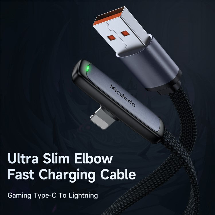 MCDODO CA-2791 MDD 1.8m Elbow Angled USB to Lightning 3A Fast Charging Cable Nylon Braided 480Mbps Data Transmission Cord - Black