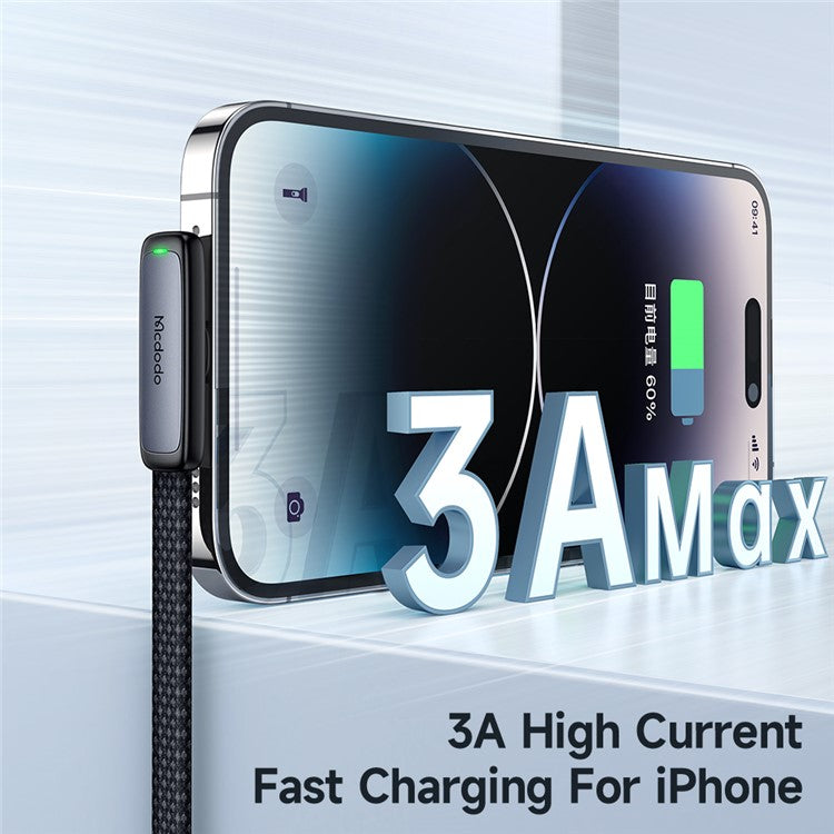 MCDODO CA-2791 MDD 1.8m Elbow Angled USB to Lightning 3A Fast Charging Cable Nylon Braided 480Mbps Data Transmission Cord - Black
