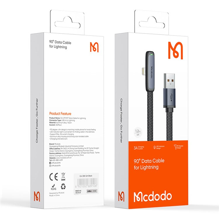 MCDODO CA-2790 MDD 1.2m Nylon Braided Data Cord Elbow Angled USB to Lightning 3A Fast Charging Cable - Black