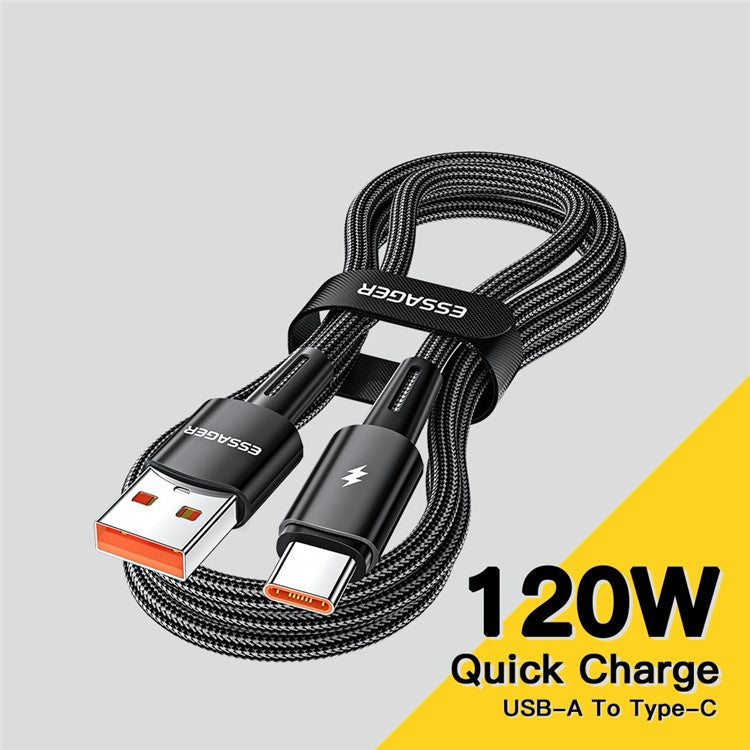 ESSAGER 2m Super Long USB to Type-C 120W Fast Charging Cable 480Mbps Data Transmission Cable - Black