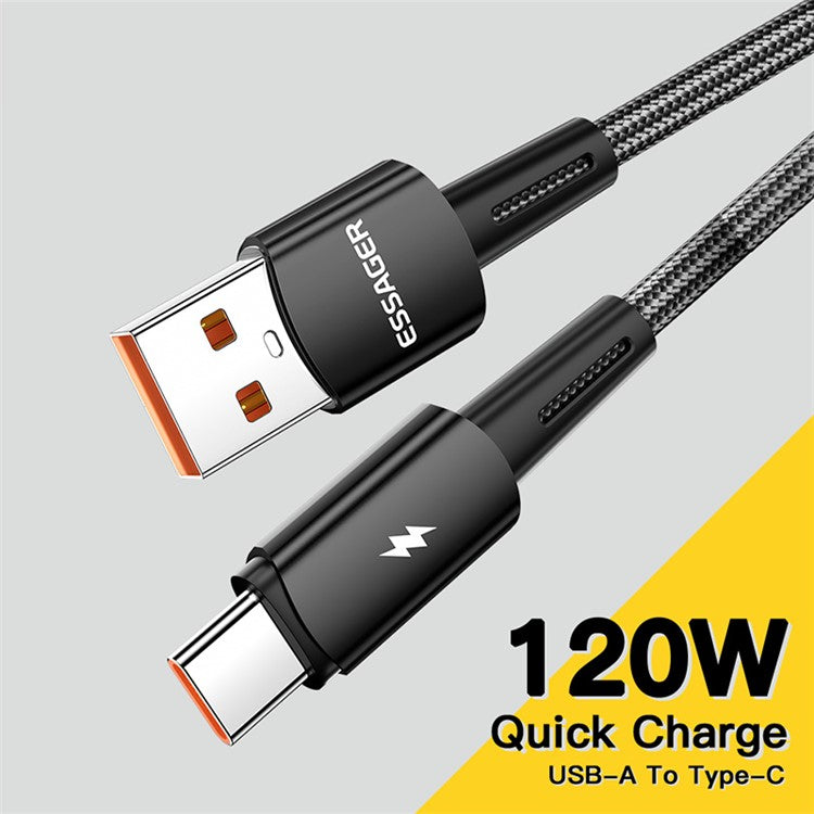 ESSAGER 2m Super Long USB to Type-C 120W Fast Charging Cable 480Mbps Data Transmission Cable - Black