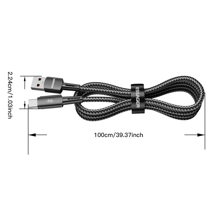 ESSAGER 2m Super Long USB to Type-C 120W Fast Charging Cable 480Mbps Data Transmission Cable - Black