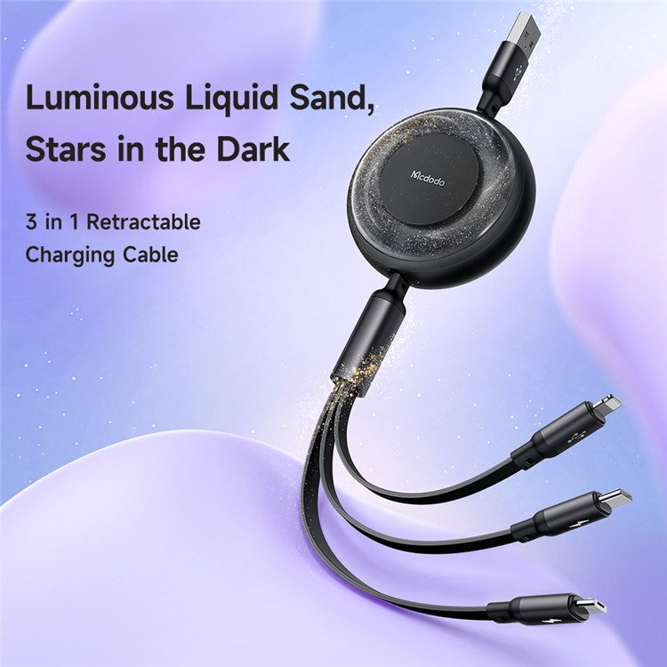 MCDODO CA-357 MDD for iPhone 15 Series 3-in-1 Retractable Charging Cable Lightning Type-C Micro USB for iPhone, Android - Black