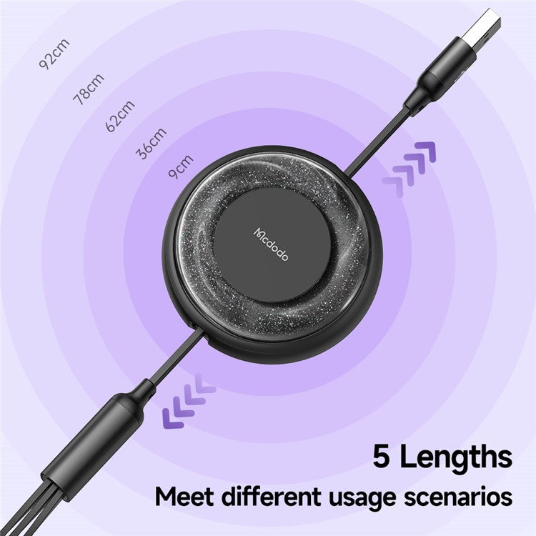 MCDODO CA-357 MDD for iPhone 15 Series 3-in-1 Retractable Charging Cable Lightning Type-C Micro USB for iPhone, Android - Black