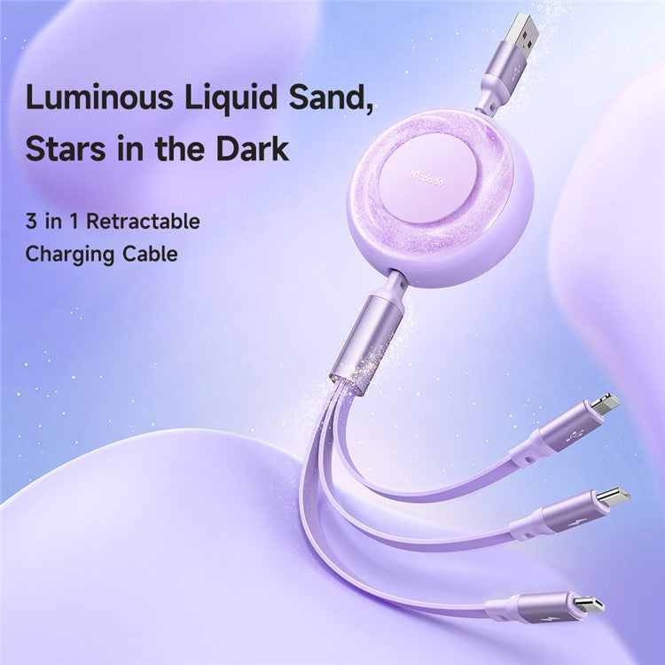 MCDODO CA-357 MDD for iPhone 15 Series 3-in-1 Retractable Charging Cable Lightning Type-C Micro USB for iPhone, Android - Purple