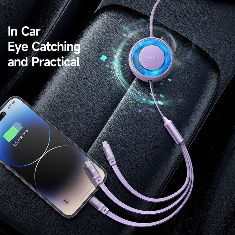 MCDODO CA-357 MDD for iPhone 15 Series 3-in-1 Retractable Charging Cable Lightning Type-C Micro USB for iPhone, Android - Purple