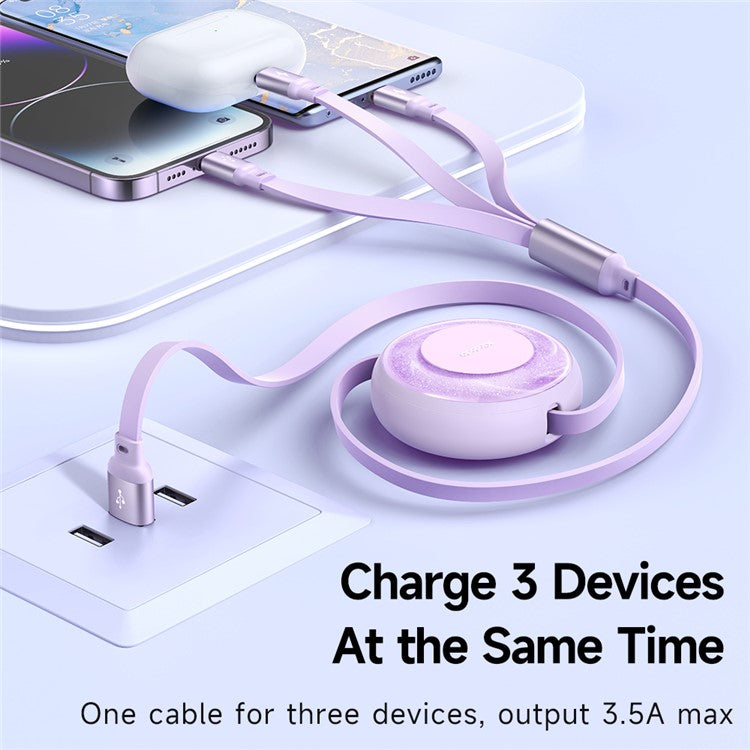 MCDODO CA-357 MDD for iPhone 15 Series 3-in-1 Retractable Charging Cable Lightning Type-C Micro USB for iPhone, Android - Purple