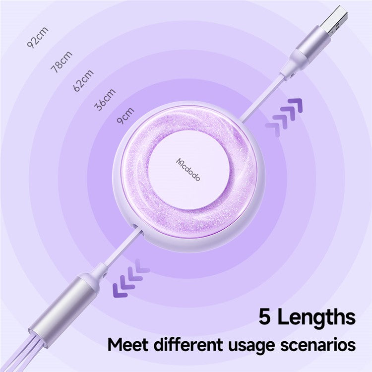 MCDODO CA-357 MDD for iPhone 15 Series 3-in-1 Retractable Charging Cable Lightning Type-C Micro USB for iPhone, Android - Purple