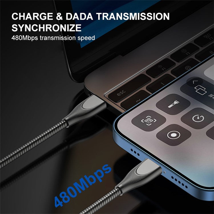 ENKAY HAT PRINCE 1m 2.4A USB-A to Lightning Fast Charging Cable Carbon Steel Hose Spring Data Cord - Black