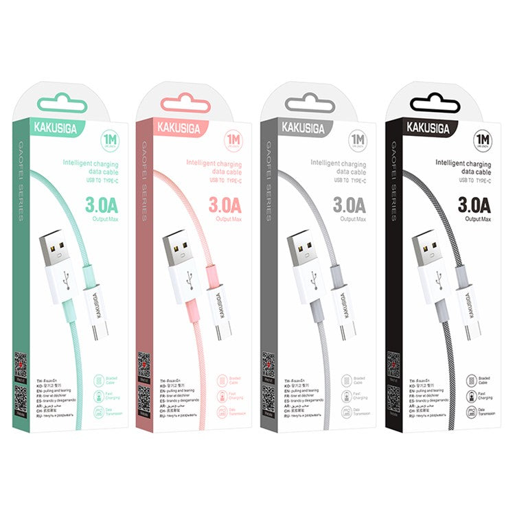 KAKUSIGA KSC-723 1m Gaofei Series USB to Type-C Smart Charging Data Cable 3A Nylon Braided Cable - Black