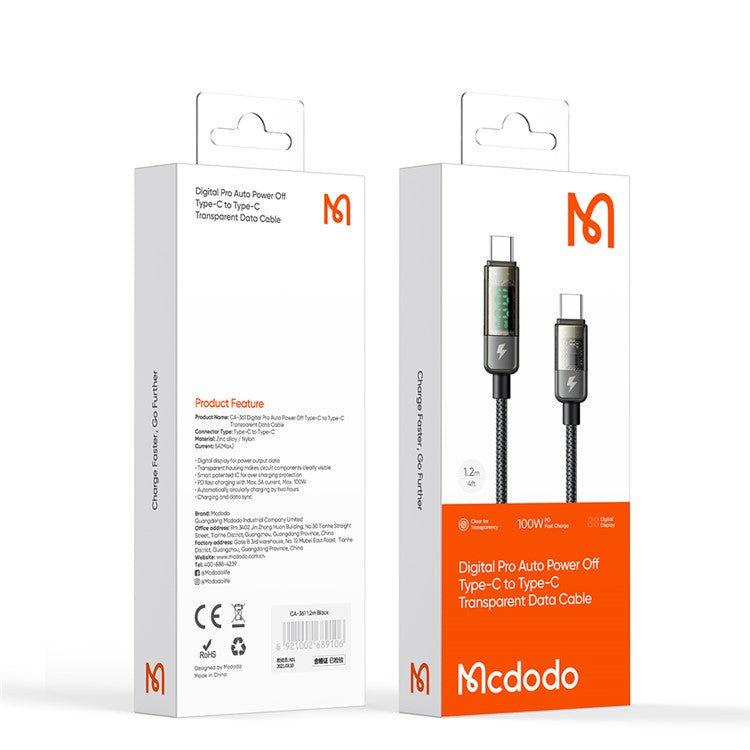 MCDODO CA-361 5A 100W Type-C to Type-C Charging Cable, 1.2m Auto Power Off Transparent Data Cable with Digital Display