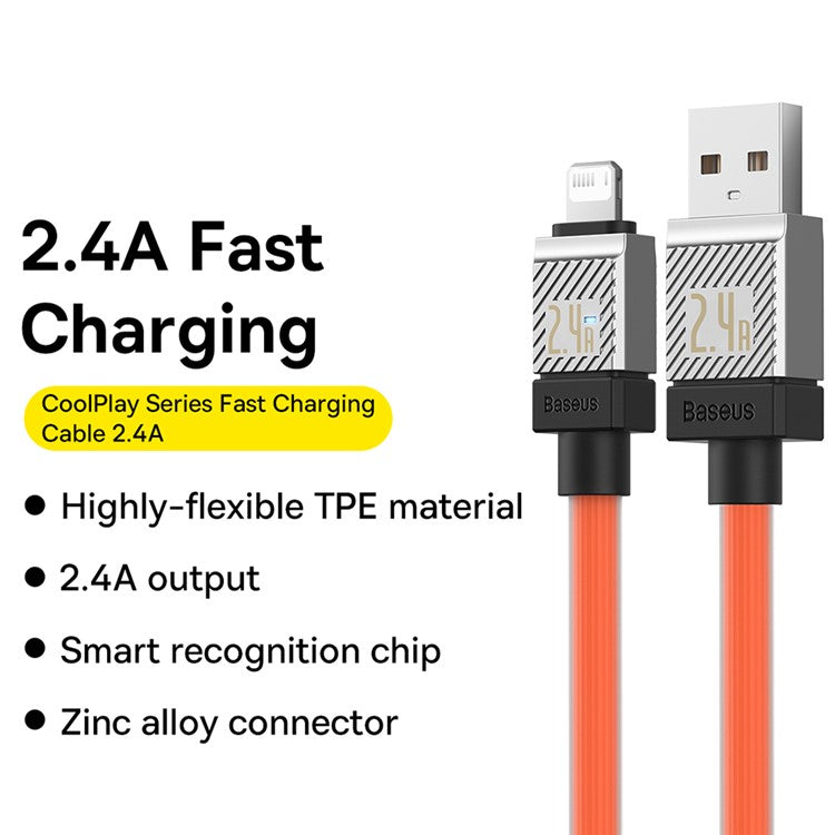 BASEUS CoolPlay Series CB000044 2m USB to iP 7Pin Cable 2.4A High-Speed 480Mbps Data Transfer Line Cord - Orange