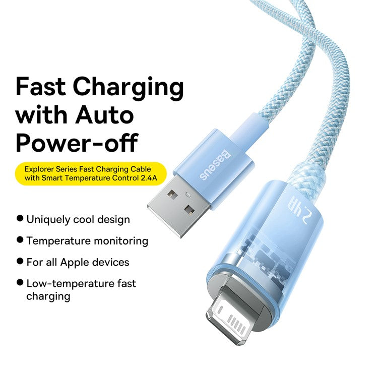 BASEUS Explorer Series 1m Charging Cable USB to iP 2.4A Fast Charging Data Sync Cord with Smart Temperature Control - Blue