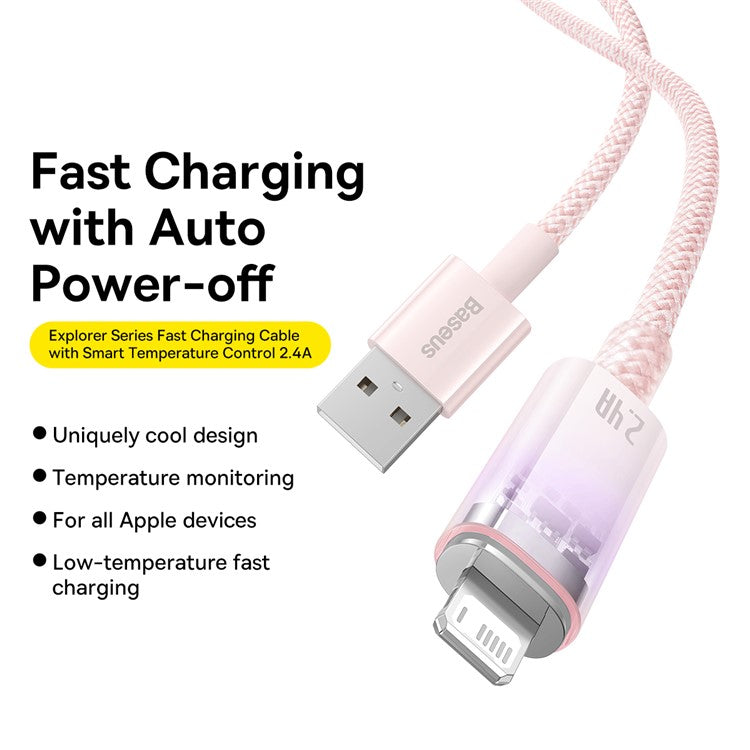 BASEUS Explorer Series 1m Charging Cable USB to iP 2.4A Fast Charging Data Sync Cord with Smart Temperature Control - Pink