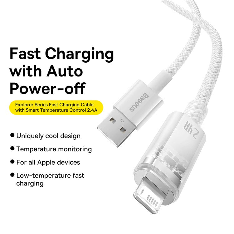 BASEUS Explorer Series USB to iP 2.4A Fast Charging Cable with Smart Temperature Control, 480Mbps Data Cable 2m - White