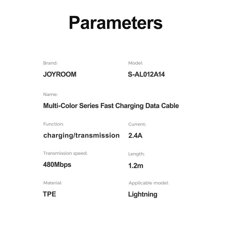 JOYROOM S-AL012A14 Multi-Color Series 1.2m 2.4A Fast Charging USB-A to Lightning Cable TPE Data Cord - Purple