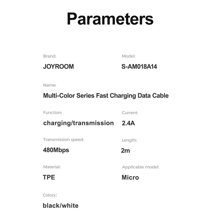 JOYROOM S-AM018A14 Multi-Color Series 2m 2.4A USB-A to Micro Fast Charging Cable TPE Phone Data Cord - Black