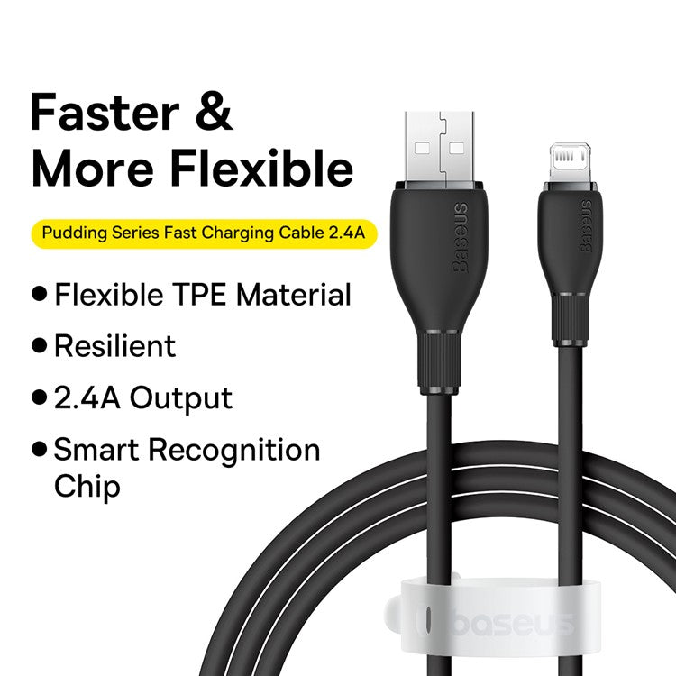 BASEUS Pudding Series Fast Charging Data Cable USB to iP 2.4A 1.2m Charging Cord Support 480Mbps Transmission - Black