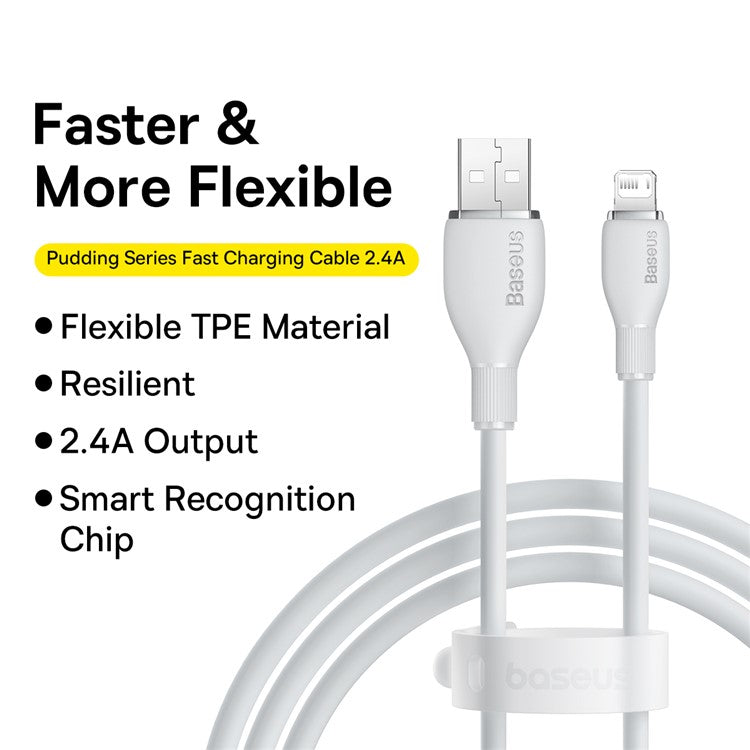 BASEUS Pudding Series Fast Charging Data Cable USB to iP 2.4A 1.2m Charging Cord Support 480Mbps Transmission - White