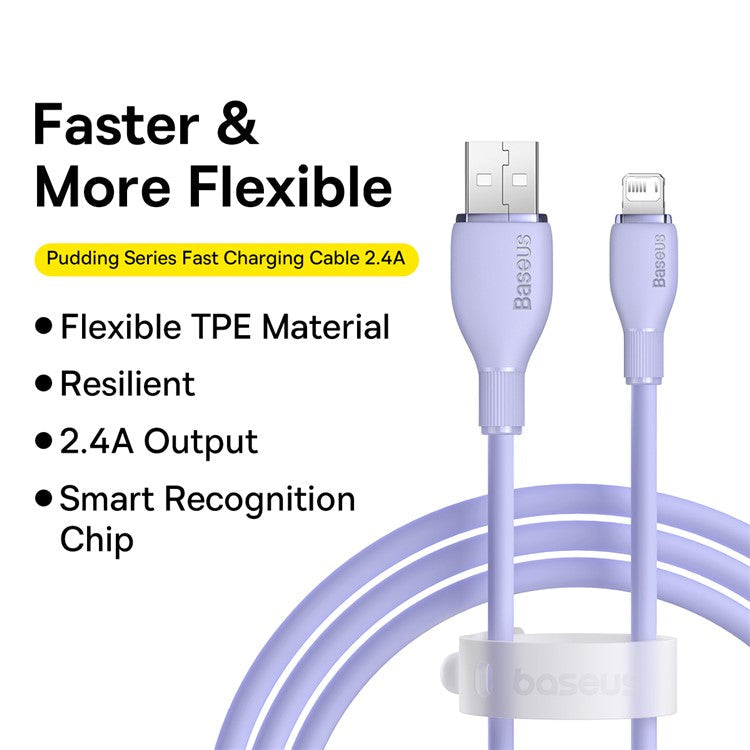 BASEUS Pudding Series Fast Charging Data Cable USB to iP 2.4A 1.2m Charging Cord Support 480Mbps Transmission - Purple