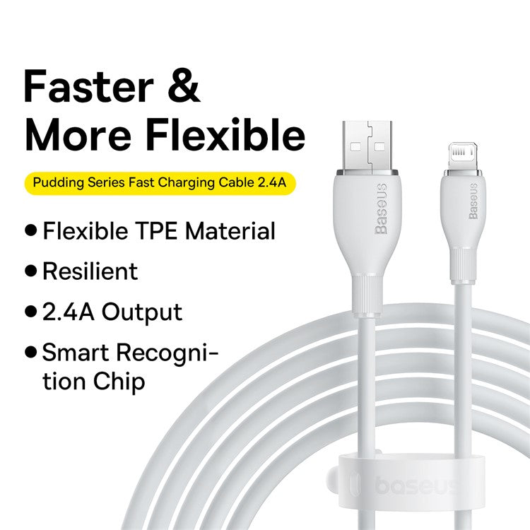 BASEUS Pudding Series USB to iP 2.4A Fast Charging Cable 2m 480Mbps Charging Data Cord - White