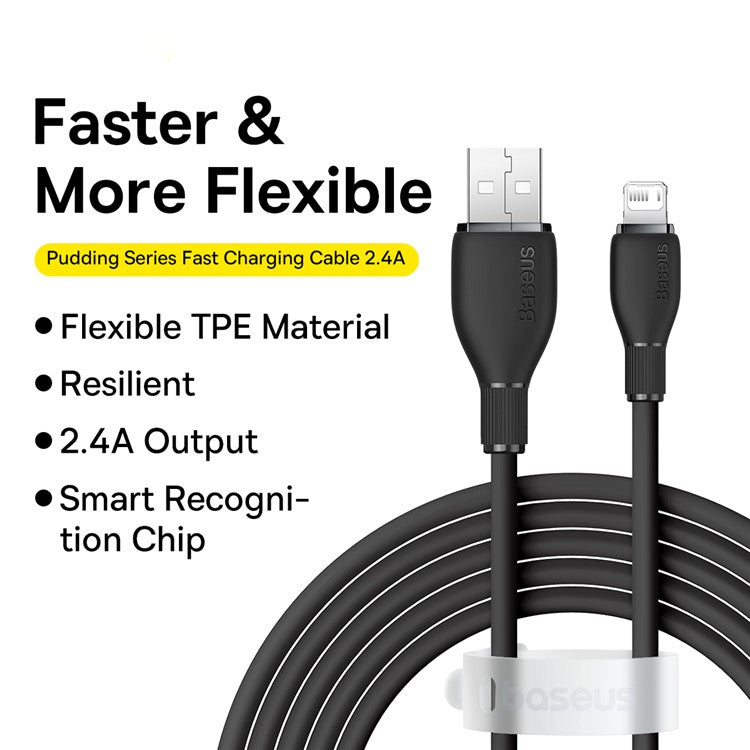 BASEUS Pudding Series USB to iP 2.4A Fast Charging Cable 2m 480Mbps Charging Data Cord - Black