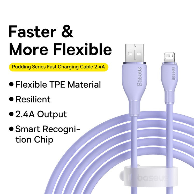 BASEUS Pudding Series USB to iP 2.4A Fast Charging Cable 2m 480Mbps Charging Data Cord - Purple
