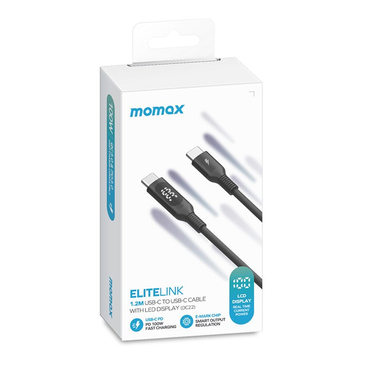 MOMAX for iPhone 15 Series Digital Display PD Fast Charging Data Cable USB-C to USB-C Braided Charging Cord (1.2m, Black)