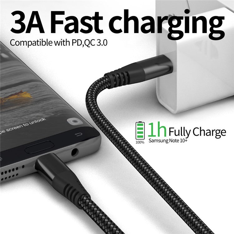 For iPhone 15 Series 3m Type-C to Type-C PD 60W Charging Cable Nylon Braided USB2.0 Data Cable for Cell Phones, Tablets, Laptops - Black